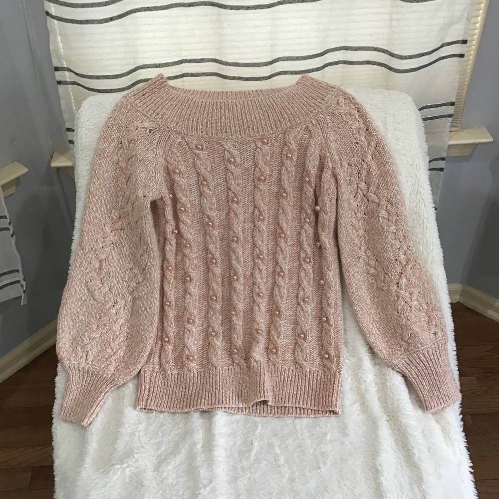 VTG Soho New York &Company Size SM Pink Fisherman Knit Pearls Y2K Soft Comfy